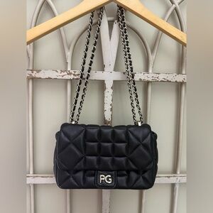 Purificación García Black Quilted Leather PG Flap Shoulder Bag Chain Strap